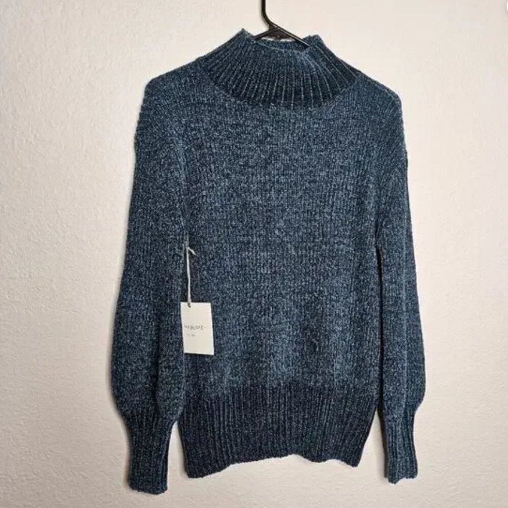 NWT CYNTHIA Rowley Luxe Blue Soft Chunky Knit Chenille Turtleneck Sweater small